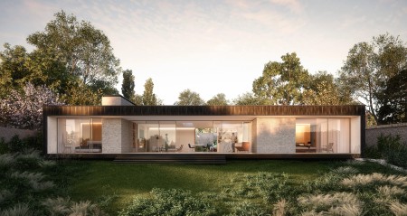 CGI of a contemporary single story pavillion building. Mostly glass with brick and wood panels. Set in rural setting.