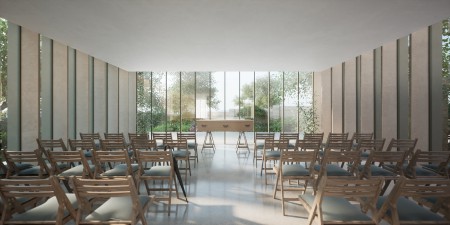 CGI of a contemporary religious space to hold funerals. Rows of seating with a coffin bathed in natural light.