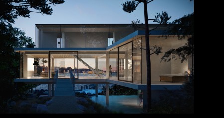 CGI image of a modern glass waterside home at dusk with sea views. Building is approached via a small bridge.