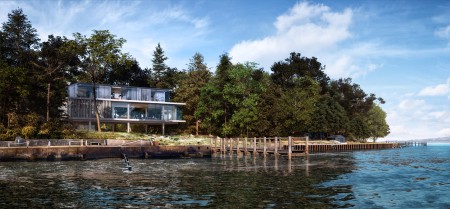 CGI image of a modern glass waterside home set within mature pine trees and jetty at the front.