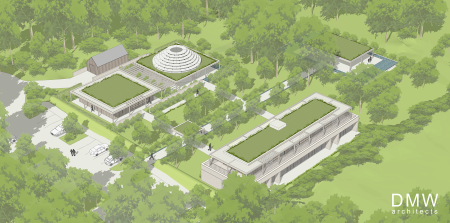 Architectural 3D CGI of woodland burial complex and the buildings within the complex.