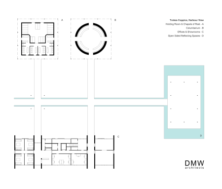 Architectural site plan of various woodland burial complex buildings