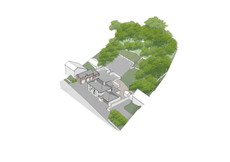 A CGI aerial image showing a pub and buildings prior to development into housing.