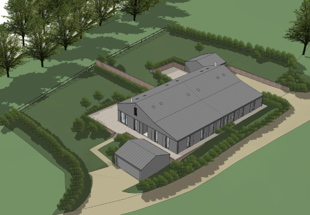 Architectural aerial GCI of a barn conversion. One main barn buildings and two outbuildings.