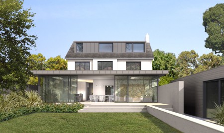 An architectural CGI of a remodelled house and single story extension clad in zinc, with large sliding glass dooors.