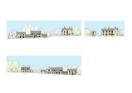 Architecural drawing. Eight residential brick buildings wtih grey roofs from a side elevation.