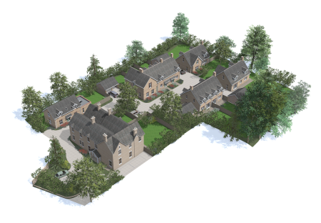 Architects CGI aerial view of six residential buildings, gardens and trees.