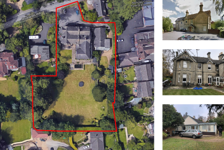 Aerail photograph of a large Victorian villa a garden and surrounding properties. Boundary to property highlighted in red.