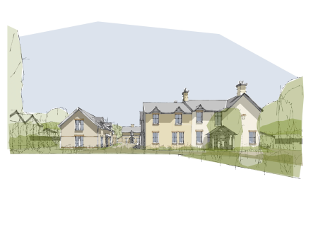 Architectural sketch of 3 Victorian inspired residentail homes. Steep roofs, sash windows and gable ends.