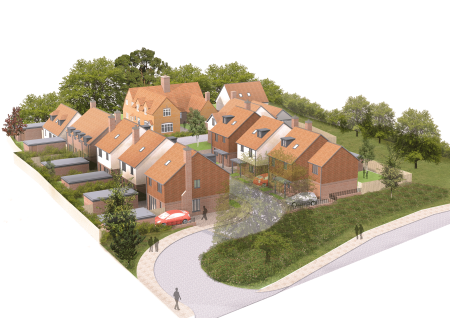 Aerial CGI view of a Luytens Cottage conversion and housing development
