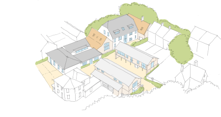 An architectural hand drawn sketch of a courtyard residential development, nestled within existing surrounding properties. 