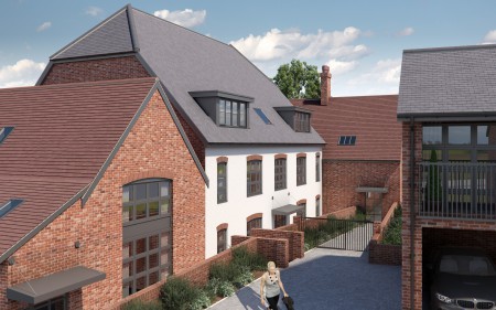 An architectural CGI of a courtyard residential development. A  white building with red brick buildings either side.