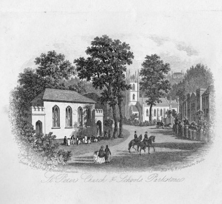 A black and white Victorian illustration of a Church and School. People on horse back and children playing.