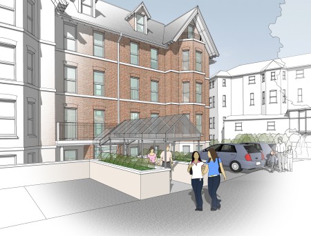 CGI illustration of a flats. Brick facade, covered entrance, four stories high.