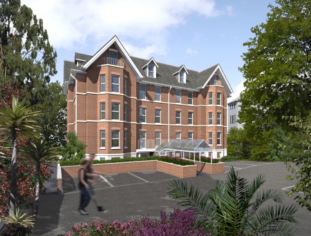 Architectural CGI illustration of the block of 22 flats. Red brick facade, four stories high.