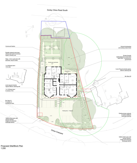 Architectural plan, showing the internal layout of a block of 22 flats and the surrounding land.