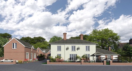 A CGI street view image showing a pub and buildings after development into housing.